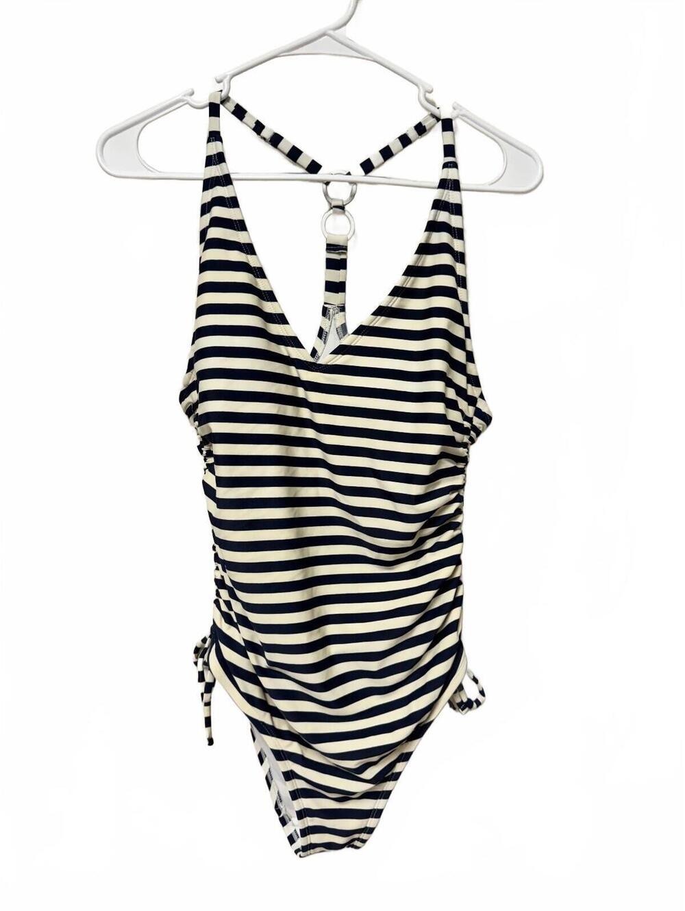 Kona Sol Womens Medium Striped One Piece Swimsuit Ruched Sides O-Ring Back